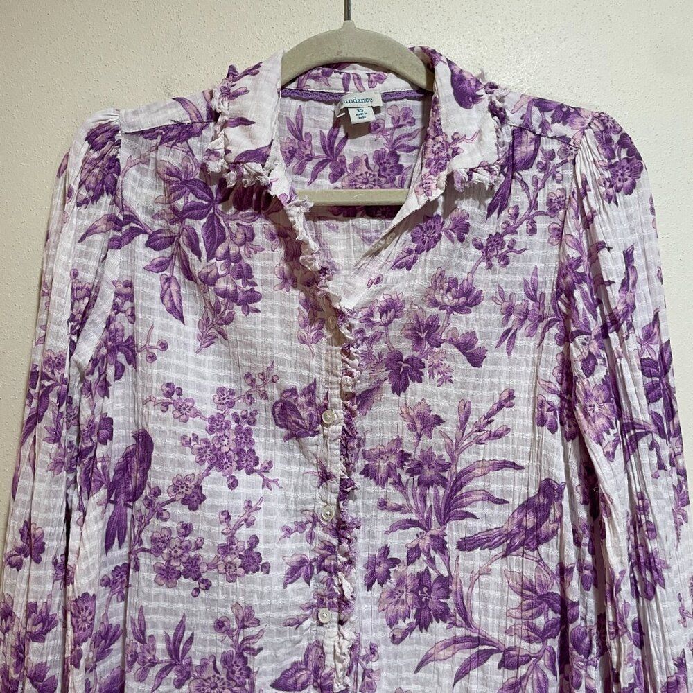 Sundance Sz XS Chantilly Blooms Button Down Top Blouse White Purple Floral Bird - Picture 3 of 12
